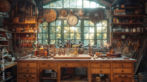 A cinematic photograph of a carpenter's workbench, neatly organized carpentry tools, early morning light creating a serene ambiance, detailed textures of tools and wood, central focus on main tools,