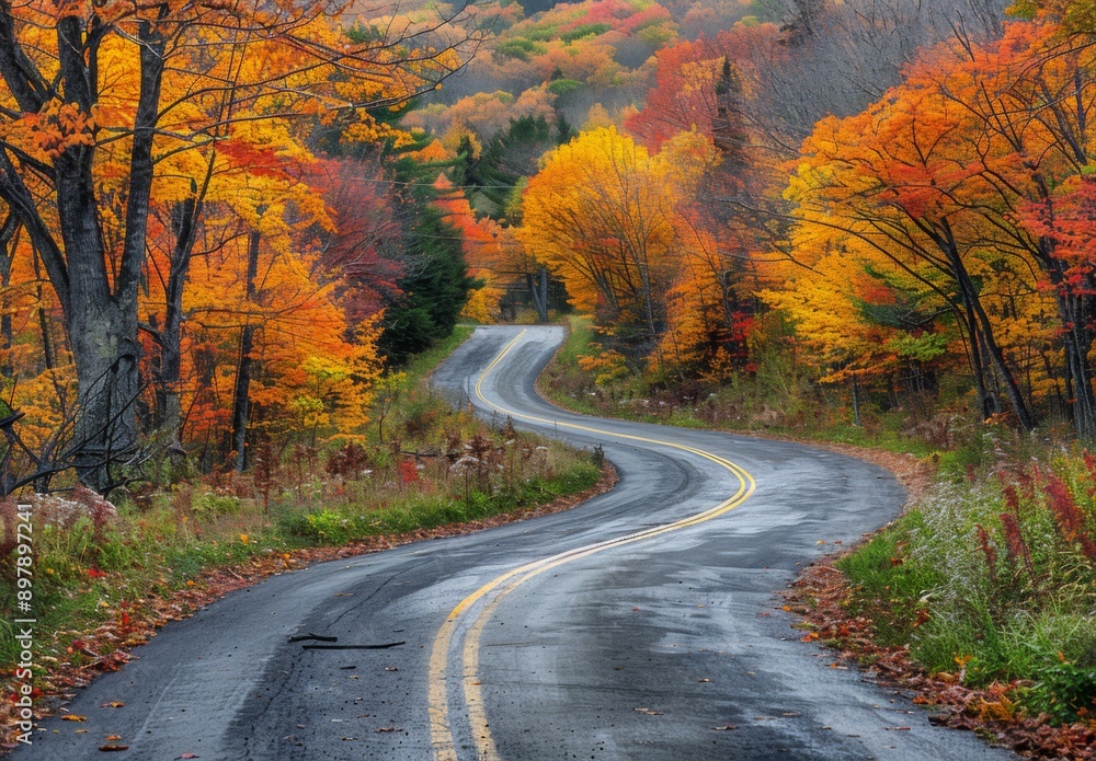 A scenic view of a winding country road flanked by vibrant autumn foliage in New England A scenic view of a winding country road flanked by vibrant autumn foliage in New England