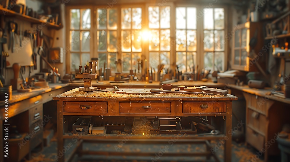 A cinematic photograph of a carpenter's workbench, perfectly placed carpentry tools, golden hour light enhancing details, rich textures of tools and wooden bench, focus on central tools, A cinematic photograph of a carpenter's workbench, perfectly placed carpentry tools, golden hour light enhancing details, rich textures of tools and wooden bench, focus on central tools,
