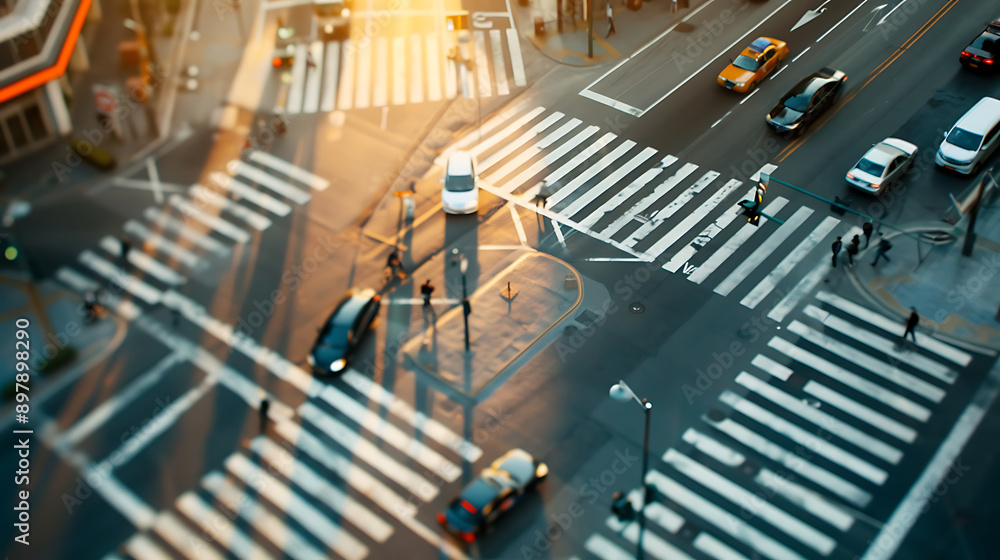 Naklejka premium Top-down view of a bustling intersection, traffic patterns, city life. Generative AI illustration 