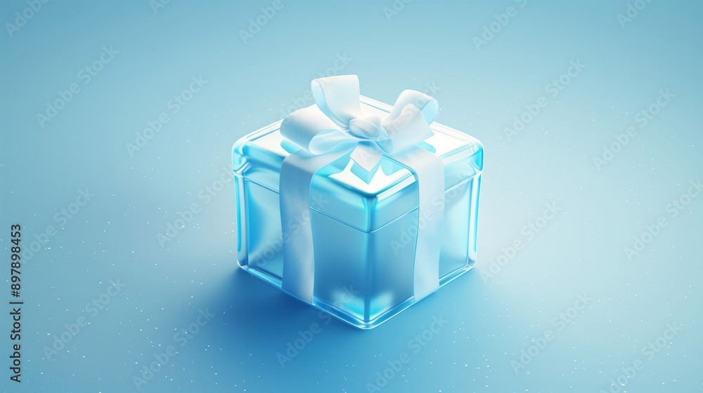 Blue Transparent Gift Box with White Ribbon on Shiny Surface Blue Transparent Gift Box with White Ribbon on Shiny Surface