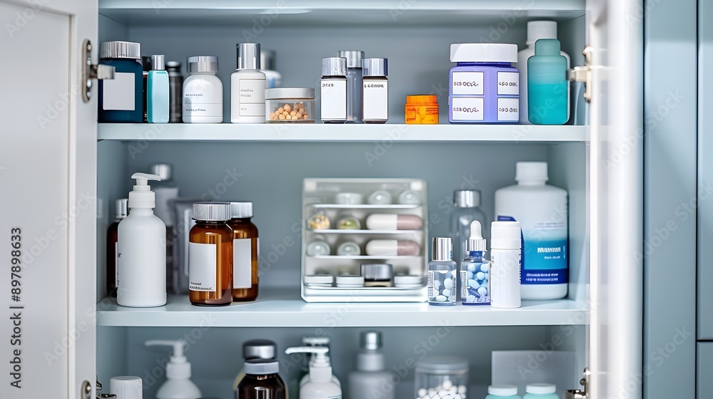 Open Medicine Cabinet Full of Bottles and Jars Open Medicine Cabinet Full of Bottles and Jars