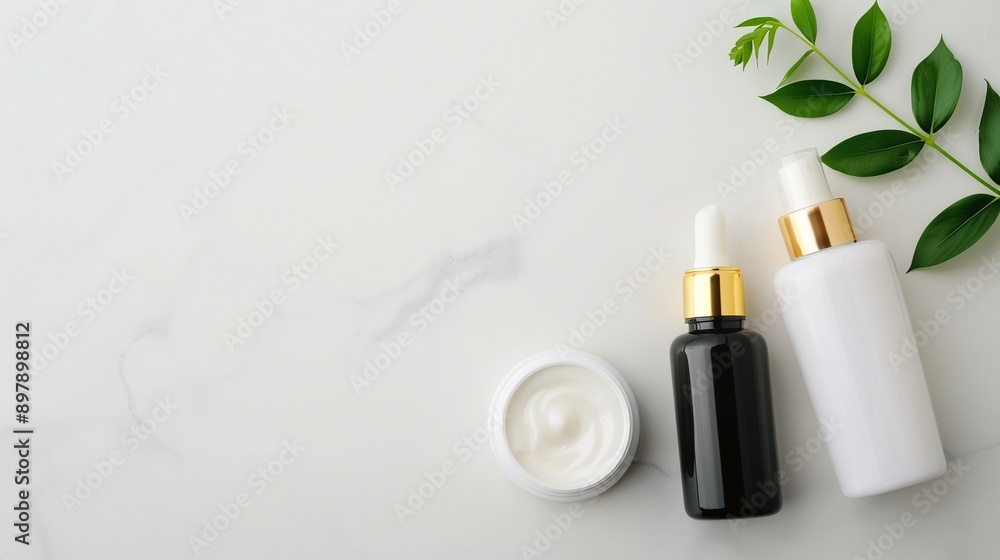 Flat lay of elegant beauty products for a nightly routine, luxurious packaging on a white marble surface, hyperrealistic detail, soft ambient lighting Flat lay of elegant beauty products for a nightly routine, luxurious packaging on a white marble surface, hyperrealistic detail, soft ambient lighting