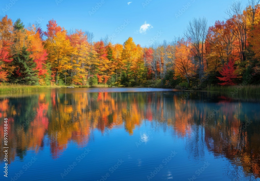A serene lake reflecting the brilliant fall colors of surrounding trees A serene lake reflecting the brilliant fall colors of surrounding trees
