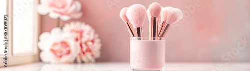 A set of pastelcolored makeup brushes in a glass holder, arranged on a vanity with flowers and cosmetics, hyperrealistic, soft morning light, serene and clean look photo