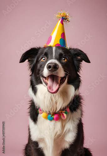 Happy Border Collie dog wearing a party hat celebrating at a birthday party