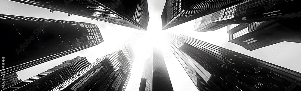 Fototapeta premium Stunning black and white architectural photography featuring high-rise buildings set against an upward-looking city skyline, perfect for art and wallpaper