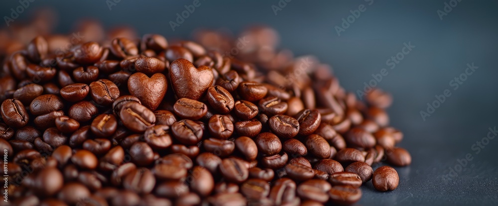 Fototapeta premium Coffee Beans Make Pictures Of Hearts On A Dark Background, Creating A Valentine'S Day Concept