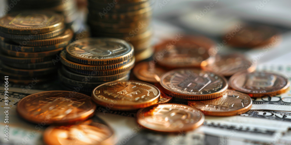 Close-up of stacked coins and scattered dollar bills, representing wealth, finance, and currency. Close-up of stacked coins and scattered dollar bills, representing wealth, finance, and currency.