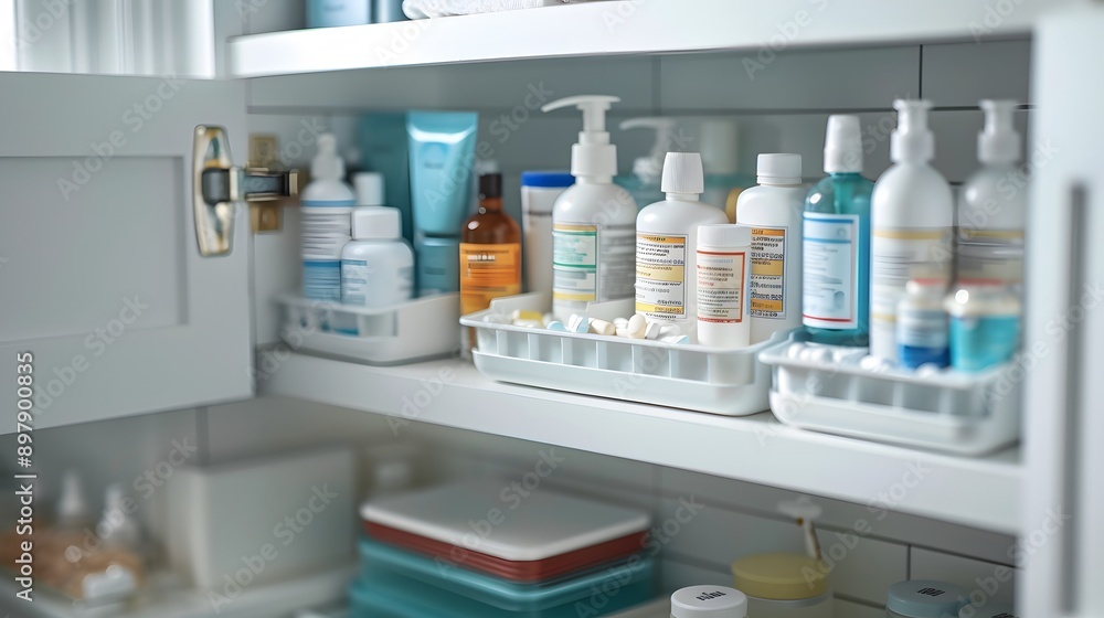 Organized Bathroom Cabinet with Various Toiletry Products Organized Bathroom Cabinet with Various Toiletry Products