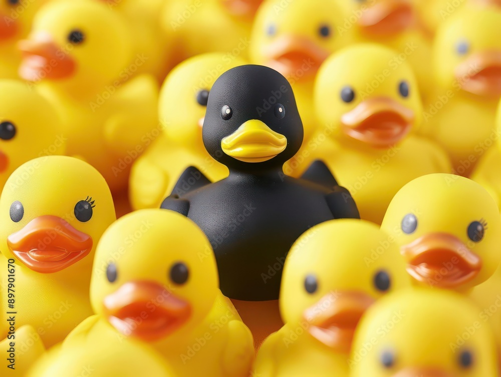 Black rubber duck among yellow rubber ducks, unique and standing out, symbolizing individuality and diversity Black rubber duck among yellow rubber ducks, unique and standing out, symbolizing individuality and diversity