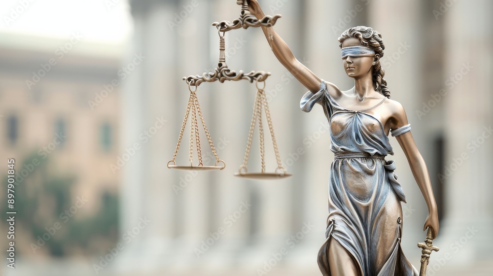 Iconic Scales of Justice Statue Stands Tall Before Courthouse Facade Iconic Scales of Justice Statue Stands Tall Before Courthouse Facade