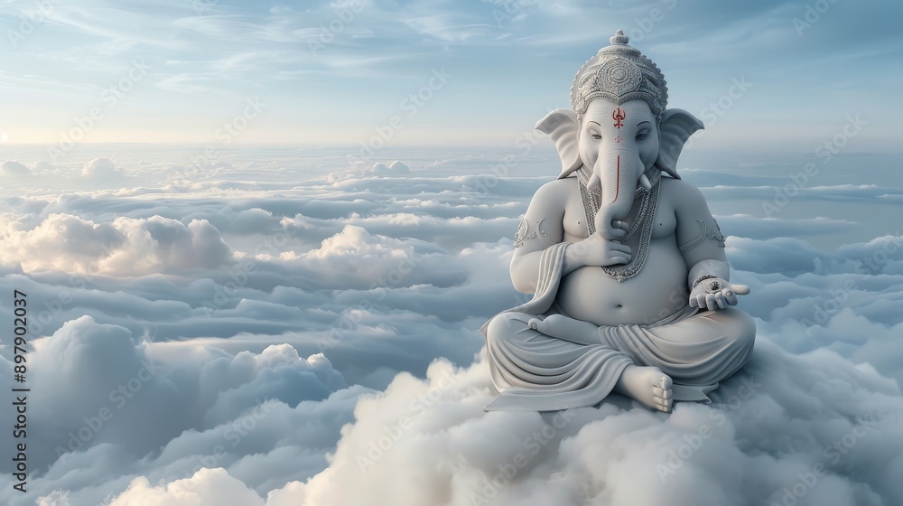Serene Ganesha Deity Reclining on Fluffy Cloud During Golden Hour Serene Ganesha Deity Reclining on Fluffy Cloud During Golden Hour