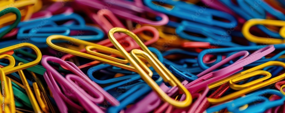 Collection of multicolored paperclips with one golden paperclip, bright and detailed, representing uniqueness Collection of multicolored paperclips with one golden paperclip, bright and detailed, representing uniqueness