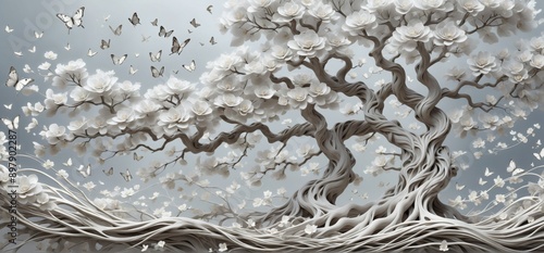 Digital art piece that appears to be 3D rendering tree flowers l