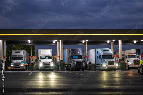 Big rig semi trucks with semi trailers filling truck tanks at a gas station on a truck stop at night time