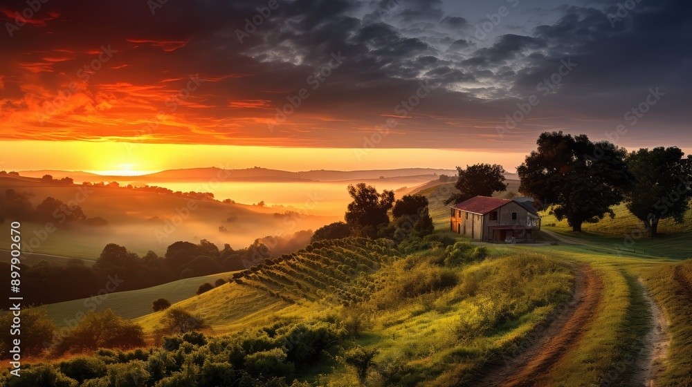 Obraz premium farm sunrise over house