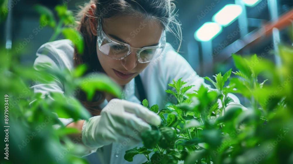 Female scientist wearing protective glasses and gloves, closely examining plants in a laboratory environment. Female scientist wearing protective glasses and gloves, closely examining plants in a laboratory environment.