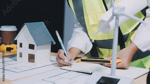 Architect working on blueprint.engineer inspective in workplace - architectural project, blueprints,ruler,calculator,laptop and divider compass. Construction concept. Engineering tools, photo