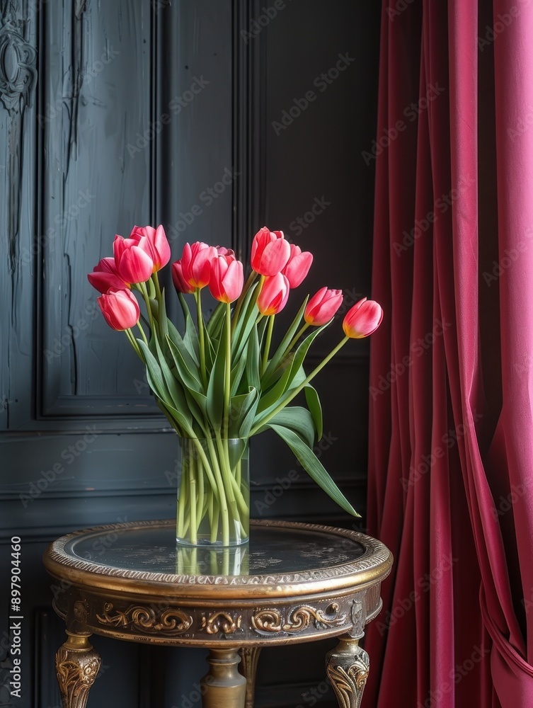 Pink Tulips in a Glass Vase on a Vintage Table Pink Tulips in a Glass Vase on a Vintage Table
