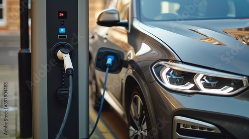 Electric car charging at a station. © DudeDesignStudio