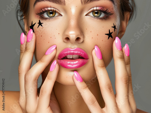 A beautiful woman with perfect eyebrows and big eyes is posing for the camera while showing her hands to show off their nails which have magenta nail polish on them photo