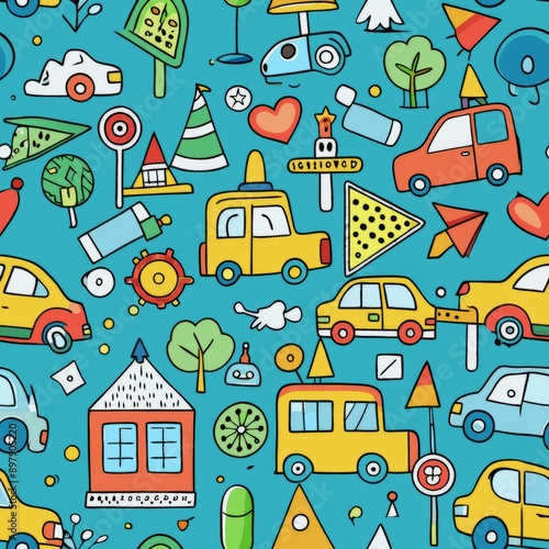 Seamless pattern of cartoon-style traffic signs and vehicles, Generative AI