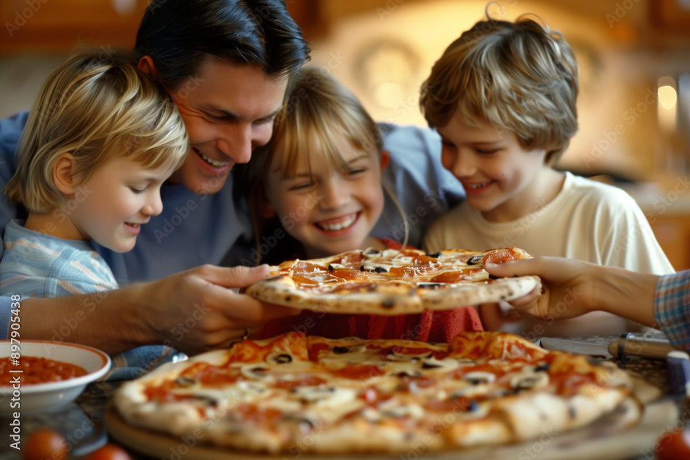 family of four is enjoying a pizza together. The man is holding a pizza slice while the children are also holding slices. Scene is happy and family-oriented family of four is enjoying a pizza together. The man is holding a pizza slice while the children are also holding slices. Scene is happy and family-oriented