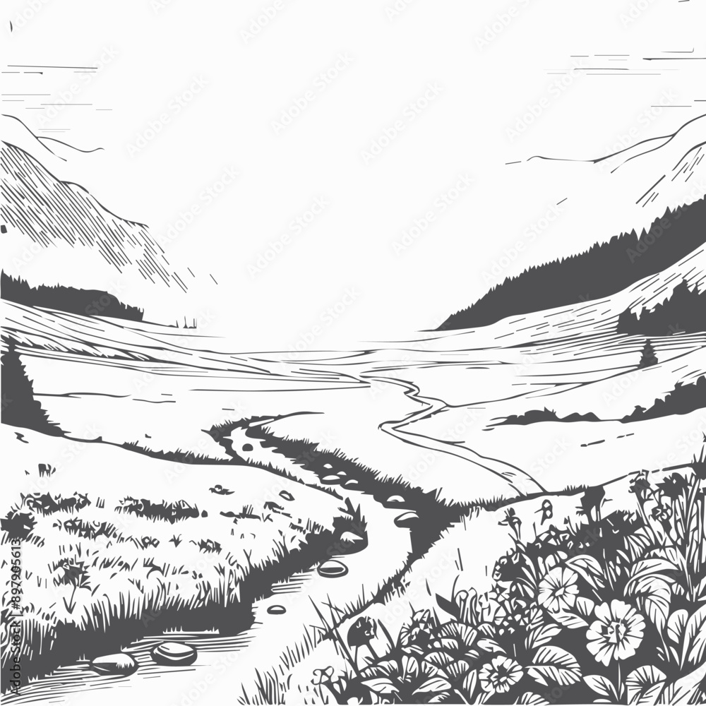 Obraz premium a black and white drawing of a road in a field with flowers.
