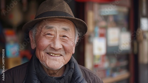 Smiling Elderly Man in Hat with Blurred Background