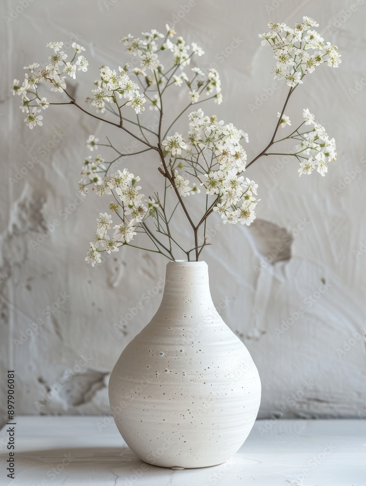 White Vase with Delicate White Flowers on a White Background