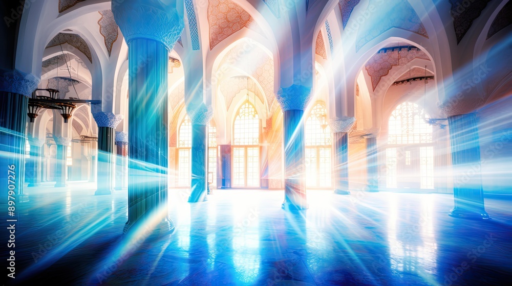 light blurred blue mosque interior light blurred blue mosque interior