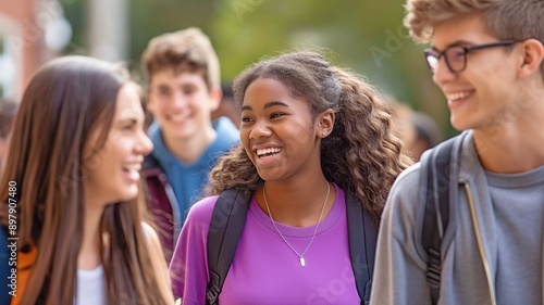 pictures of several groups of high school kids interacting and strolling outside. The pupils seem content and involved.
