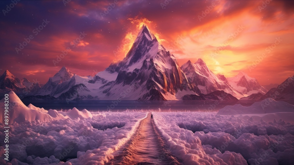 Naklejka premium Snowy Mountain Landscape with a Path Leading to a Majestic Peak
