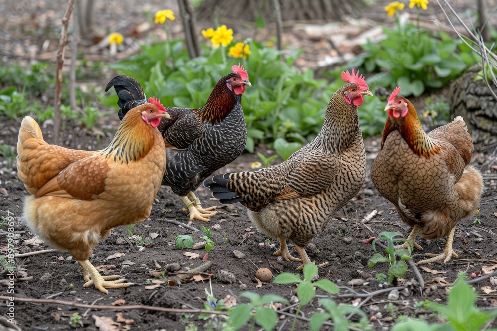 Fototapeta premium Four Chickens in a Garden.