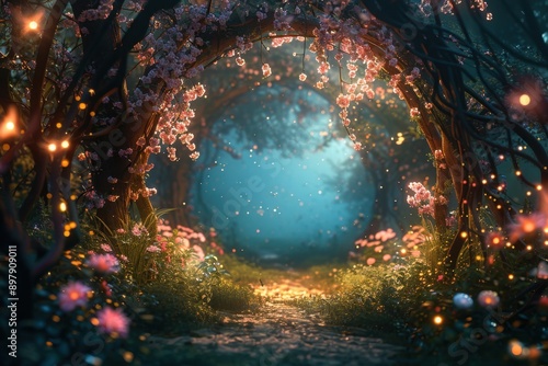 enchanted fairy tale garden at twilight blossomcovered trees forming magical archway fireflies and glowing flowers ethereal mist circular frame composition photo