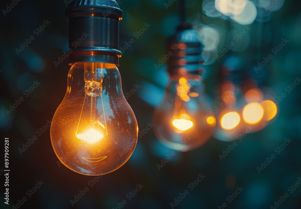Multiple light bulbs hanging in a row, with one illuminated, symbolizing a standout idea Multiple light bulbs hanging in a row, with one illuminated, symbolizing a standout idea
