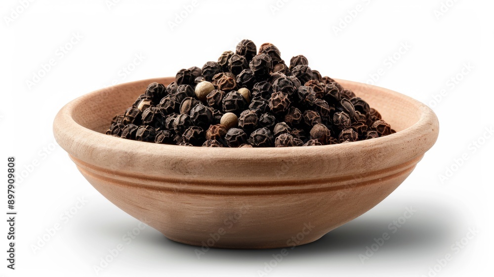 Close up Shot of Whole Black Peppercorns in a Ceramic Bowl on a White Background Close up Shot of Whole Black Peppercorns in a Ceramic Bowl on a White Background