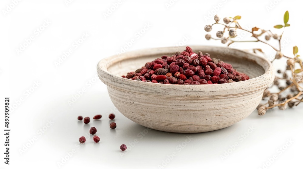 Whole Annatto Seeds Displayed in a Small Wooden Bowl on a White Background Whole Annatto Seeds Displayed in a Small Wooden Bowl on a White Background