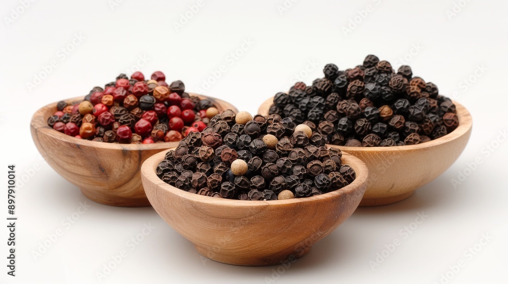 Close up shot of organic whole black peppercorns in wooden bowls on white background Close up shot of organic whole black peppercorns in wooden bowls on white background
