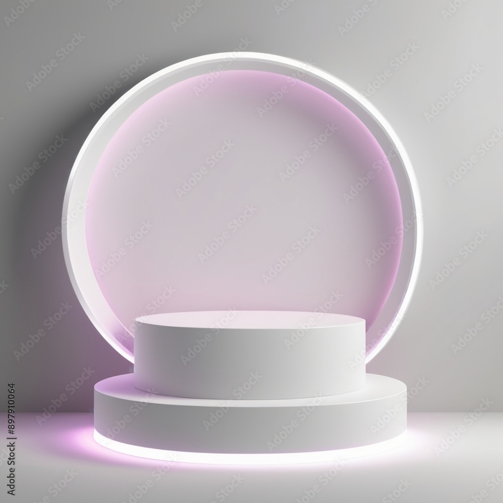 White cylinder podium with light neon circle White cylinder podium with light neon circle