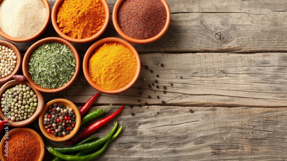 Assortment of Mexican Spices and Herbs Displayed on Rustic Wooden Table Assortment of Mexican Spices and Herbs Displayed on Rustic Wooden Table