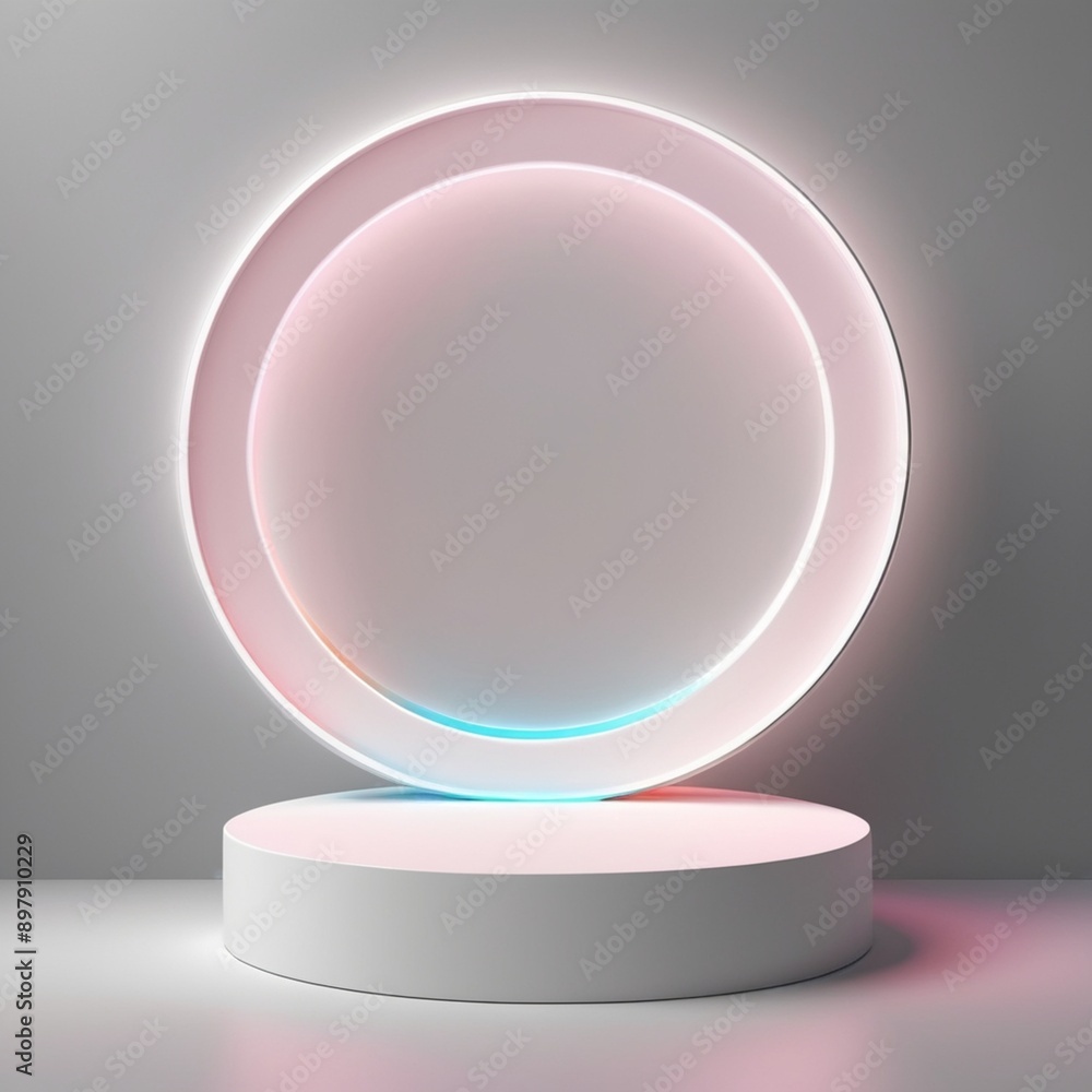 White cylinder podium with light neon circle White cylinder podium with light neon circle