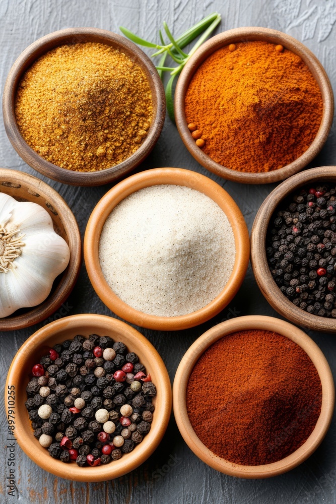 An Assortment of Vibrant Mexican Spices Artfully Displayed on a Rustic Wooden Table An Assortment of Vibrant Mexican Spices Artfully Displayed on a Rustic Wooden Table