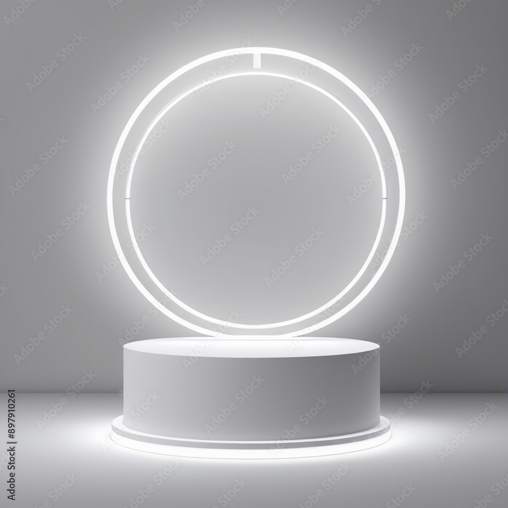 White cylinder podium with light neon circle White cylinder podium with light neon circle
