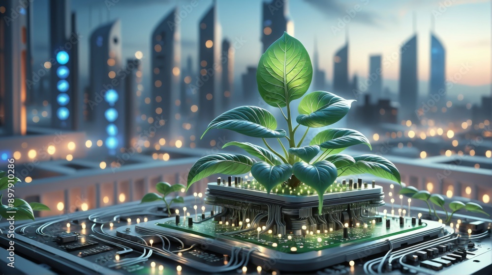 Small plant growing out circuit board has two large green leaves Small plant growing out circuit board has two large green leaves