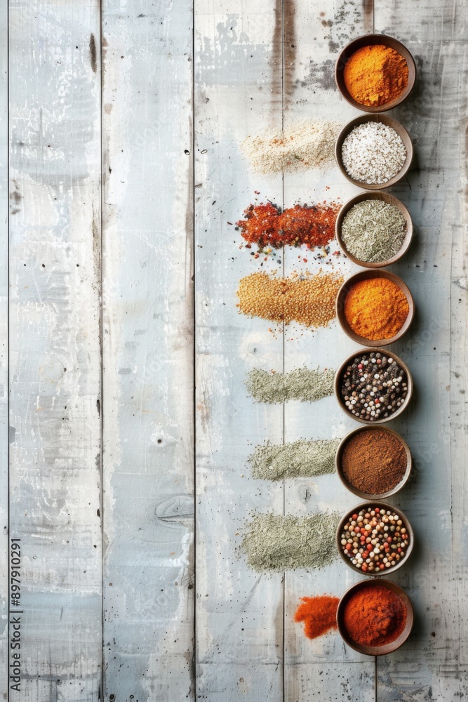 Creative Arrangement of Vibrant Mexican Spices on Wooden Table with Copy Space Creative Arrangement of Vibrant Mexican Spices on Wooden Table with Copy Space