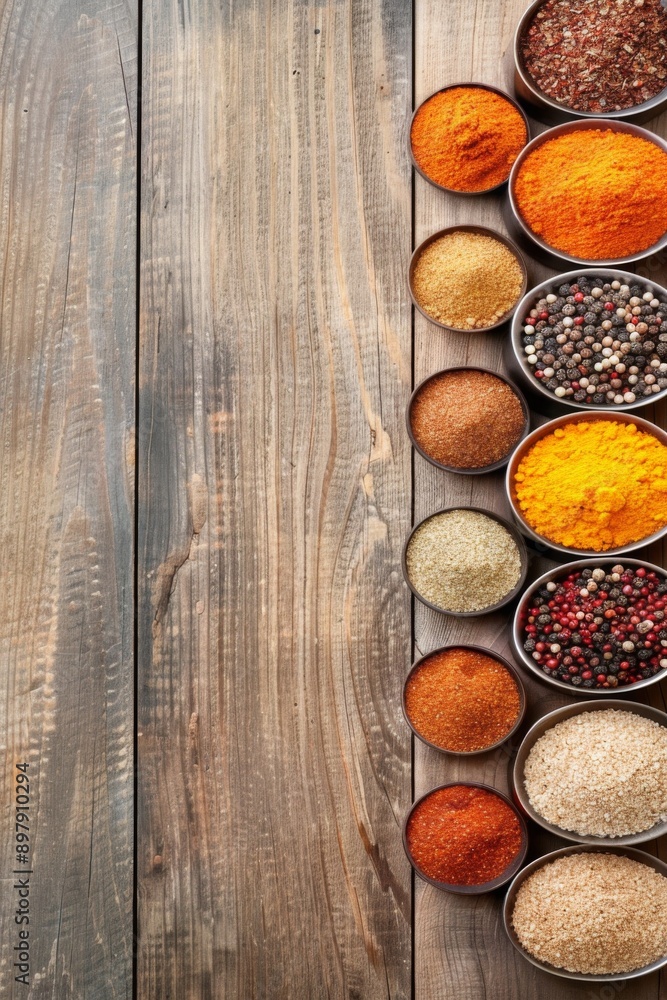 Assortment of Vibrant Mexican Spices Arranged on a Wooden Table Assortment of Vibrant Mexican Spices Arranged on a Wooden Table
