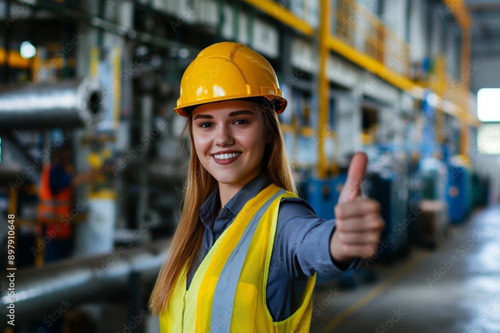 Confident Female Engineer in Uniform Posing with Thumbs Up in Modern Industrial Setting Confident Female Engineer in Uniform Posing with Thumbs Up in Modern Industrial Setting