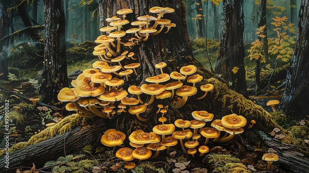 Clusters of Honey Mushrooms Growing on a Tree Trunk in a Forest Setting, Showcasing Natural Fungi and Woodland Environment Clusters of Honey Mushrooms Growing on a Tree Trunk in a Forest Setting, Showcasing Natural Fungi and Woodland Environment